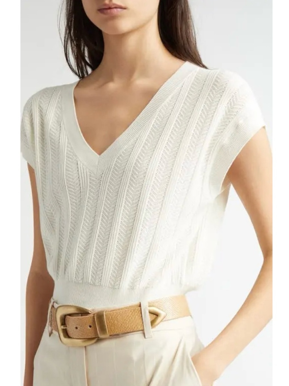 ELEVENTY💕NWOT Mixed Stitch V-Neck Crop Sweater Vest in Ivory Size XL US 8